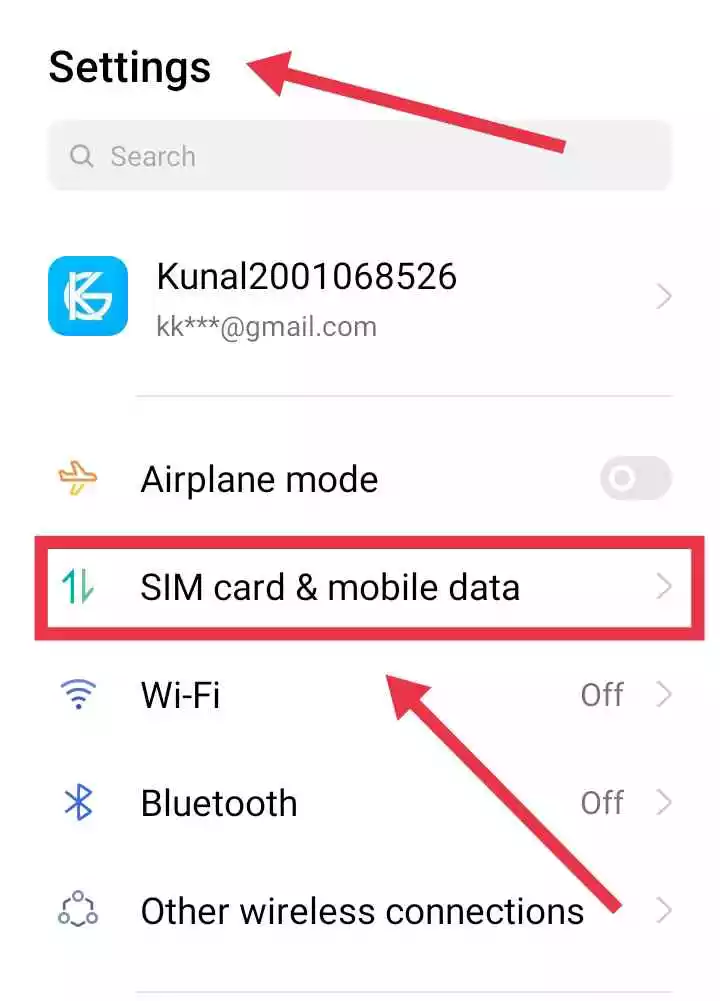 select sim card and mobile data in settings