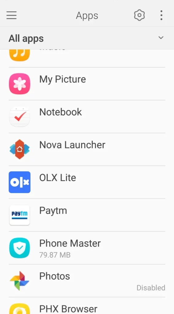 selecting the Nova launcher app from the apps list on the device settings