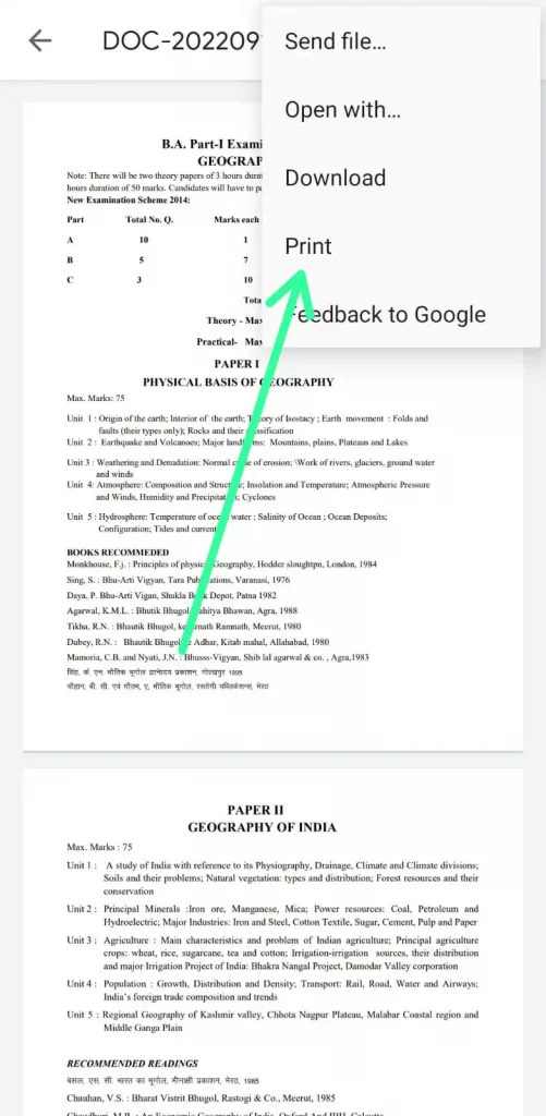 PDF print from Android highlight menu