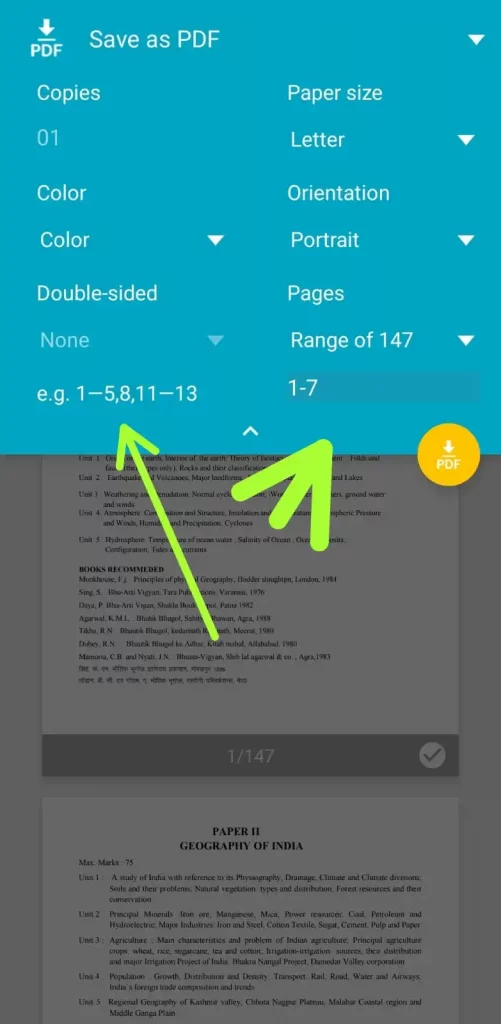 Entering the range of pages to save as pdf or to save one page android