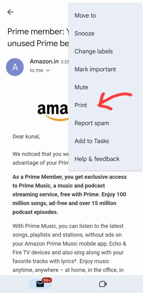 Printing email from gmail app