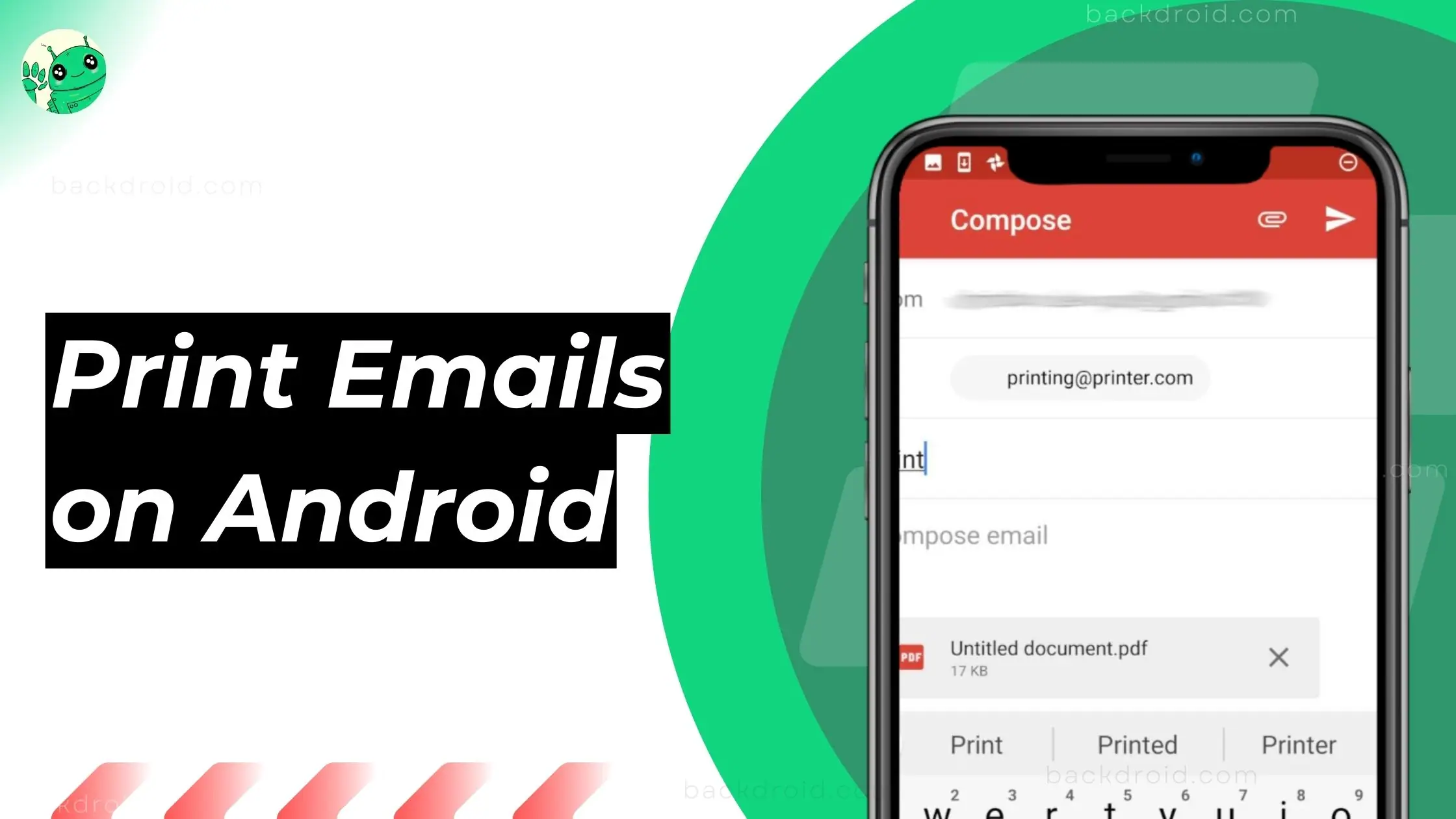 Thumbnail in the green background with the email app opened and text print emails on android written on left