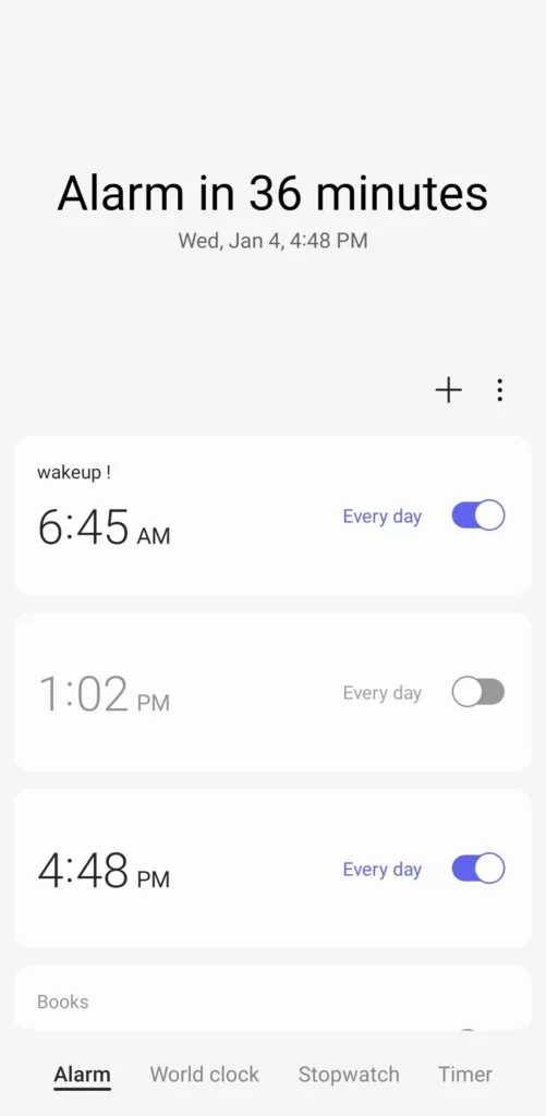 all alarms on the device listed