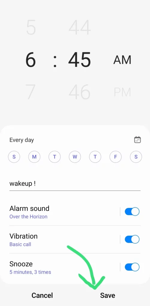 saving alarm settings including the time, days, sound