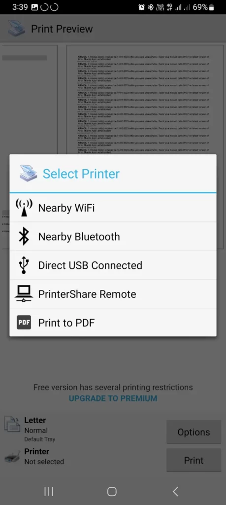 selecting an printer to print using printshare app