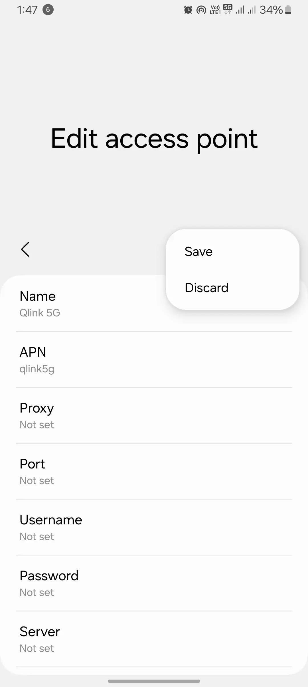 screenshot of saving the qlink apn form edit access point names